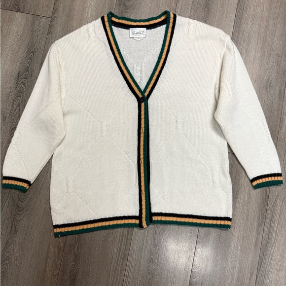 Carole Little Sweaters - Vtg Arnold Palmer White Cardigan Sweater with Striped Trim